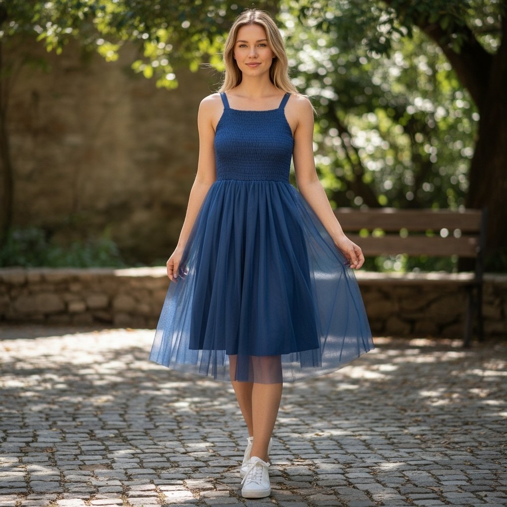 Ali Golden Womens Smocked Tulle Midi Dress Blue Sleeveless Square Neck‎ Small
